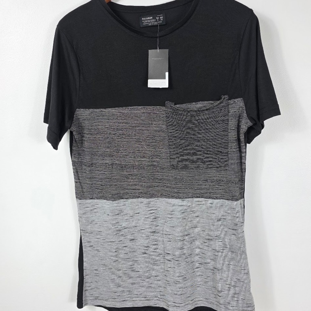 Pull&Bear Women Black Grey Colorblock Pocket T-Shirt Crew Neck Short Sleeve‎ S
